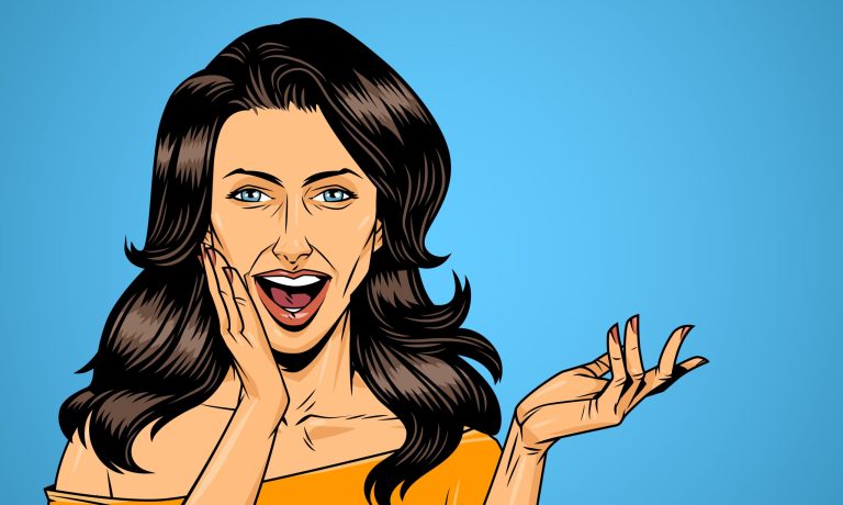 Comic beautiful surprised woman with black hair on blue background vector illustration